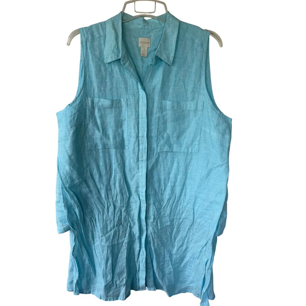 Chico’s LINEN Size 16/18 Long Tunic sleeveless buttondown blouse